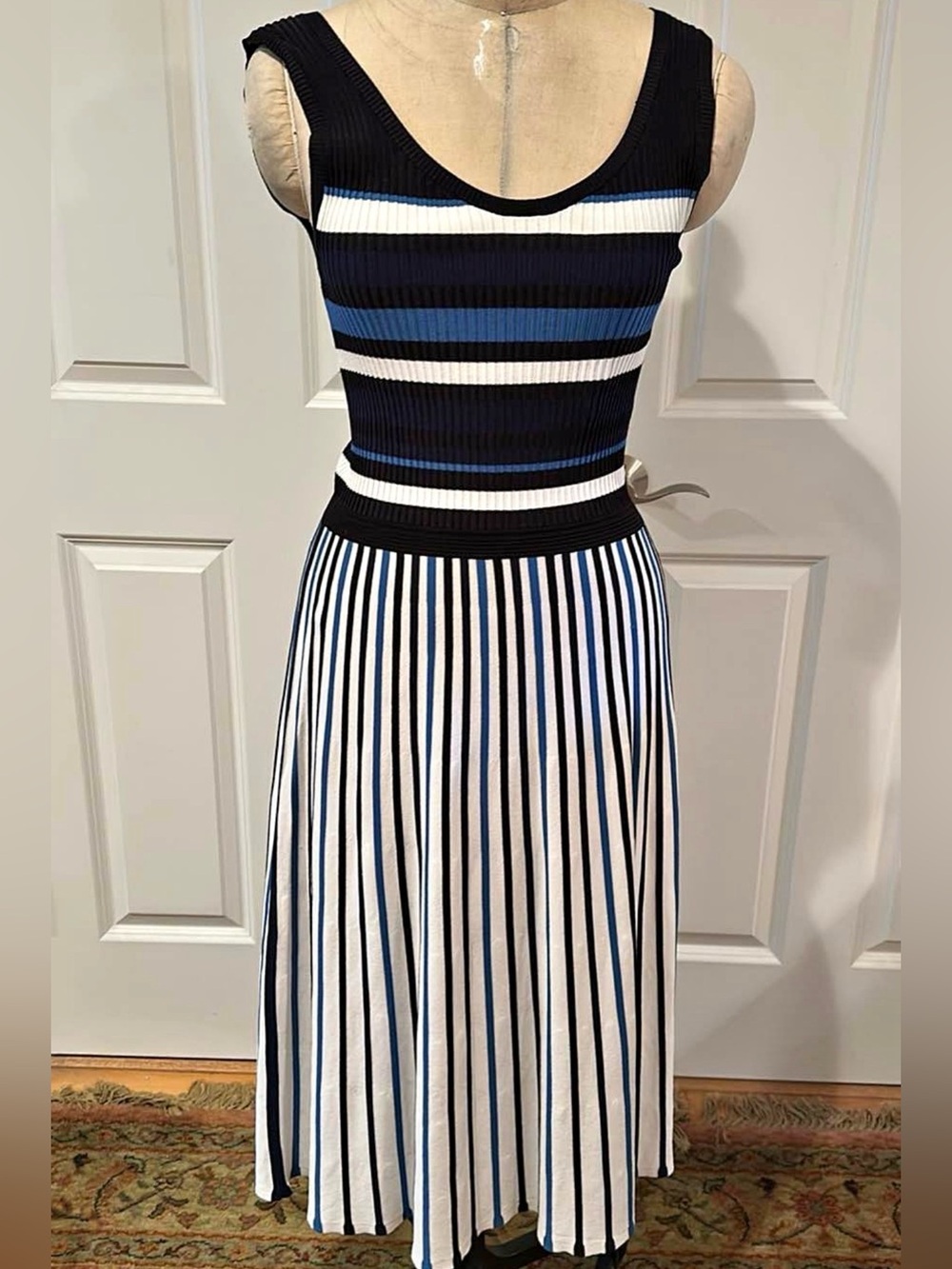 Tanya Taylor Black, White & Blue Ribbed Striped Knit Top